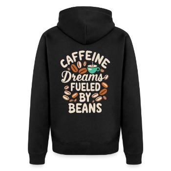 Caffeine Dreams Fueled by Beans Kaffee Spruch - Unisex Premium Bio Zip Hoodie - Schwarz - Hinten - Nico (187cm)