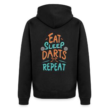 Dart Spruch Eat Sleep Darts Repeat - Unisex Premium Bio Zip Hoodie - Schwarz - Hinten - Nico (187cm)