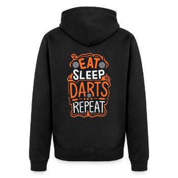 Dart Spruch Eat Sleep Darts Repeat - Unisex Premium Bio Zip Hoodie - Schwarz - Hinten - Nico (187cm)