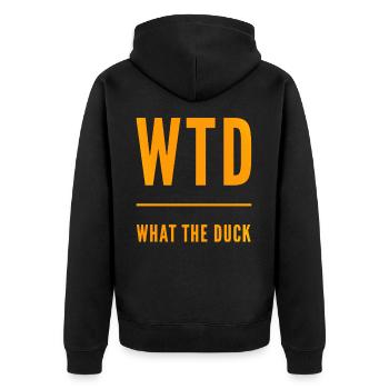 What the Duck lustiges Geschenk WTD - Unisex Premium Bio Zip Hoodie - Schwarz - Hinten - Nico (187cm)