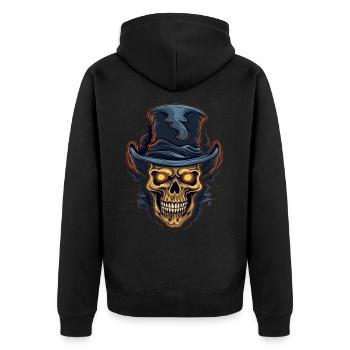 Bunter abstrakter Totenkopf mit Zylinder - Unisex Premium Bio Zip Hoodie - Schwarz - Hinten - Nico (187cm)