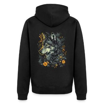 Wolf Wolfskopf Mystisch Blumen Natur Wildnis Kunst - Unisex Premium Bio Zip Hoodie - Schwarz - Hinten - Nico (187cm)