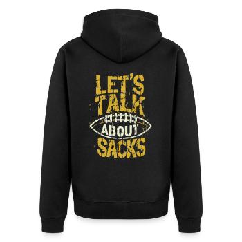 American Football Let`s Talk About Sacks - Unisex Premium Bio Zip Hoodie - Schwarz - Hinten - Nico (187cm)