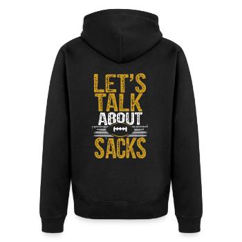 American Football Let`s Talk About Sacks - Unisex Premium Bio Zip Hoodie - Schwarz - Hinten - Nico (187cm)