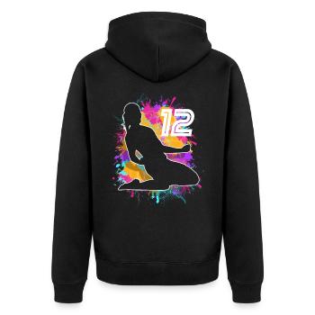 Football Femme Football 12e anniversaire - Veste à capuche bio Premium Unisexe - noir - Dos - Nico (187cm)