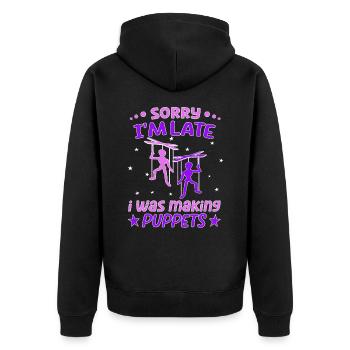 Marionnettes et marionnettistes sur la scène de marionnettes - Veste à capuche bio Premium Unisexe - noir - Dos - Nico (187cm)