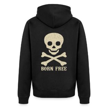 Totenkopf Spruch Born Free - Unisex Premium Bio Zip Hoodie - Schwarz - Hinten - Nico (187cm)