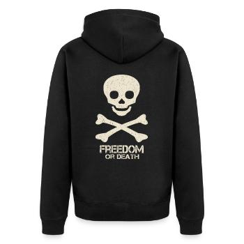 Totenkopf Spruch Freedom Or Death - Unisex Premium Bio Zip Hoodie - Schwarz - Hinten - Nico (187cm)