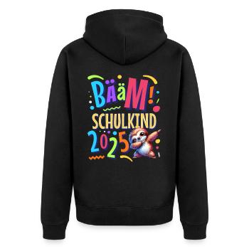 Bääm Schulkind 2025 Dabbing Faultier - Unisex Premium Bio Zip Hoodie - Schwarz - Hinten - Nico (187cm)