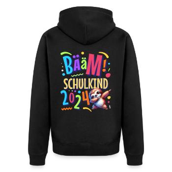 Bääm Schulkind 2024 Dabbing Faultier - Unisex Premium Bio Zip Hoodie - Schwarz - Hinten - Nico (187cm)