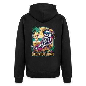 Lustiges Skelett mit Spruch für den Urlaub - Unisex Premium Bio Zip Hoodie - Schwarz - Hinten - Nico (187cm)
