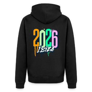 2026 Ibiza - Unisex Premium Bio Zip Hoodie - Schwarz - Hinten - Nico (187cm)