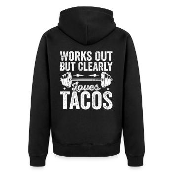 Works Out But Clearly Loves Tacos - Unisex Premium Organic Zip Hoodie - black - Back - Nico (187cm)