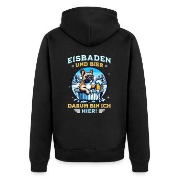 Französische Bulldogge trinkt Bier beim Eisbaden - Unisex Premium Bio Zip Hoodie - Schwarz - Hinten - Nico (187cm)