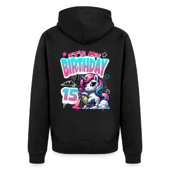 15th Birthday Unicorn Graffiti Girl - Unisex Premium Organic Zip Hoodie - black - Back - Nico (187cm)