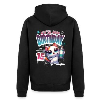 15th Birthday Cat Graffiti - Unisex Premium Organic Zip Hoodie - black - Back - Nico (187cm)