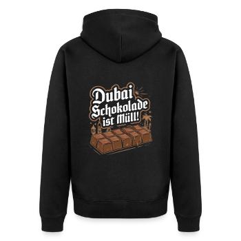 Lustiges Satirie Anti-Dubai-Schokolade Design - Unisex Premium Bio Zip Hoodie - Schwarz - Hinten - Nico (187cm)