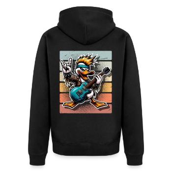 Ente Rock and Roll Gitarrist - Unisex Premium Bio Zip Hoodie - Schwarz - Hinten - Nico (187cm)
