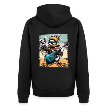 Ente Rock and Roll Gitarrist E Gitarre - Unisex Premium Bio Zip Hoodie - Schwarz - Hinten - Nico (187cm)
