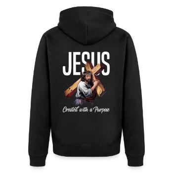 Jesus Created With A Purpose - Unisex Premium Bio Zip Hoodie - Schwarz - Hinten - Nico (187cm)