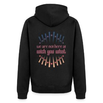 We are not here at wish you what Denglisch Retro - Unisex Premium Bio Zip Hoodie - Schwarz - Hinten - Nico (187cm)