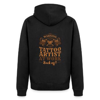 Warning tattoo artists at work back from - Unisex Premium Organic Zip Hoodie - black - Back - Nico (187cm)
