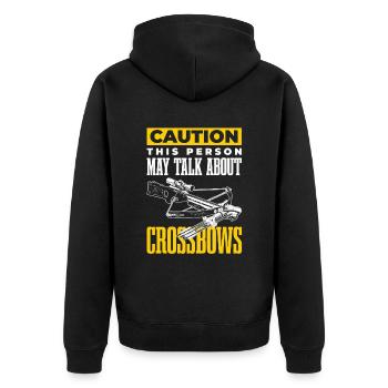 Attention This person may have crossbows for - Unisex Premium Organic Zip Hoodie - black - Back - Nico (187cm)