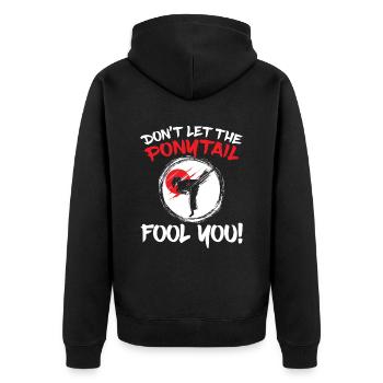 Lass Dir Den Pferdeschwanz Nicht Verpassen! Für - Unisex Premium Bio Zip Hoodie - Schwarz - Hinten - Nico (187cm)