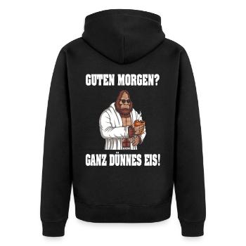 Guten Morgen - Ganz dünnes Eis Spruch Kaffee - Unisex Premium Bio Zip Hoodie - Schwarz - Hinten - Nico (187cm)