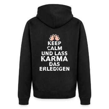 KEEP CALM UND LASS KARMA DAS ERLEDIGEN - Unisex Premium Bio Zip Hoodie - Schwarz - Hinten - Nico (187cm)
