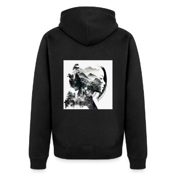 Doppelbelichtung Asiatische Frau und Waldlandschaft - Unisex Premium Bio Zip Hoodie - Schwarz - Hinten - Nico (187cm)