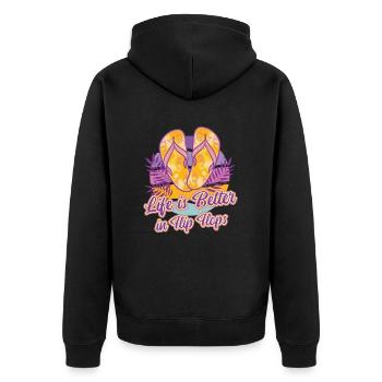 Life is better in flip flops, summer holidays, sun - Unisex Premium Organic Zip Hoodie - black - Back - Nico (187cm)