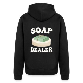 Abteilung Seifenverkauf - Unisex Premium Bio Zip Hoodie - Schwarz - Hinten - Nico (187cm)