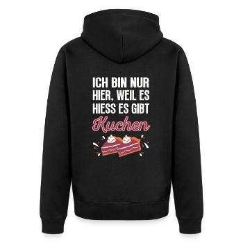 Ich bin nur hier, weil es hiess es gibt Kuchen - Unisex Premium Bio Zip Hoodie - Schwarz - Hinten - Nico (187cm)
