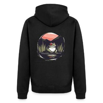 Japanische Rote Sonne: Frosch am Teich - Unisex Premium Bio Zip Hoodie - Schwarz - Hinten - Nico (187cm)
