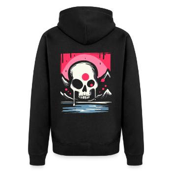 Japans Rote Sonne: pinke Tropfen Totenkopf - Unisex Premium Bio Zip Hoodie - Schwarz - Hinten - Nico (187cm)