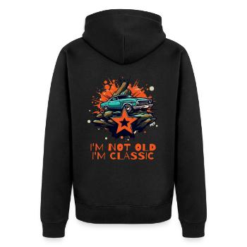Ich bin nicht alt, ich bin ein Klassiker: Oldtimer - Unisex Premium Bio Zip Hoodie - Schwarz - Hinten - Nico (187cm)