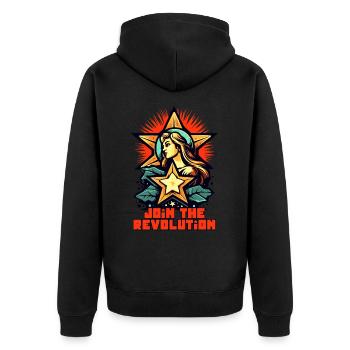Werde Teil der Revolution - Unisex Premium Bio Zip Hoodie - Schwarz - Hinten - Nico (187cm)