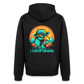 Schlaues Huhn in den Bergen: Ich liebe Wandern - Unisex Premium Bio Zip Hoodie - Schwarz - Hinten - Nico (187cm)