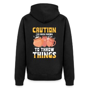 Caution I've Been Known To Throw Things - Unisex Premium Bio Zip Hoodie - Schwarz - Hinten - Nico (187cm)