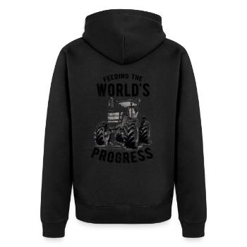 Feeding World's Progress Traktor Landwirt Geschenk - Unisex Premium Bio Zip Hoodie - Schwarz - Hinten - Nico (187cm)