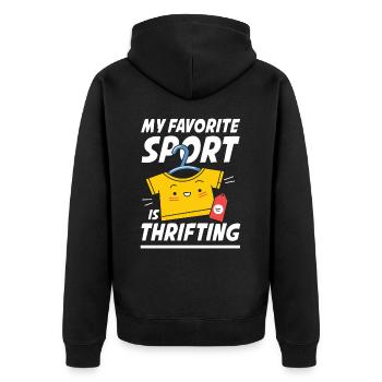 My Favorite Sport Is Thrifting für Sparsame - Unisex Premium Bio Zip Hoodie - Schwarz - Hinten - Nico (187cm)