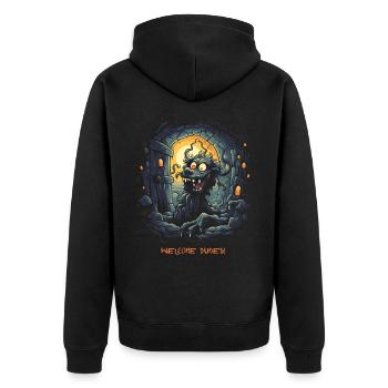 Welcome, Buddies, Dungeon Dog - Unisex Premium Organic Zip Hoodie - black - Back - Nico (187cm)