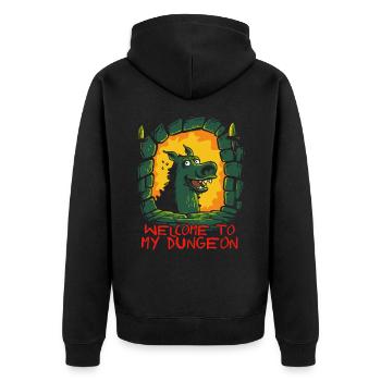Funny Dragon Pig: Welcome to the Dungeon - Unisex Premium Organic Zip Hoodie - black - Back - Nico (187cm)