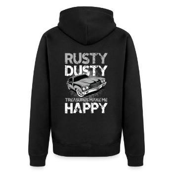 Rusty Dusty Treasures Make Me Happy - Unisex Premium Bio Zip Hoodie - Schwarz - Hinten - Nico (187cm)