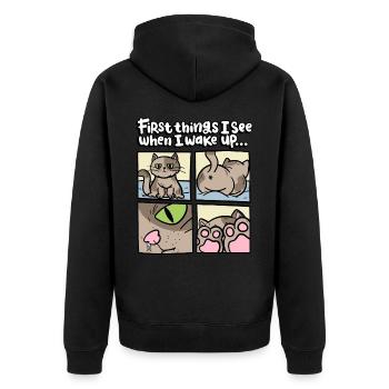 Die Ersten Dinge, Die Ich Sehe, Wenn Ich Aufwache - Unisex Premium Bio Zip Hoodie - Schwarz - Hinten - Nico (187cm)