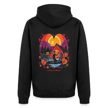 Herz und Horror: Ich liebe Camping - Unisex Premium Bio Zip Hoodie - Schwarz - Hinten - Nico (187cm)
