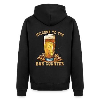 Willkommen an der Theke: Erdnüsse und Bier - Unisex Premium Bio Zip Hoodie - Schwarz - Hinten - Nico (187cm)