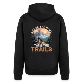 Leave The Road Take The Trails für eine Wanderer - Unisex Premium Bio Zip Hoodie - Schwarz - Hinten - Nico (187cm)