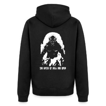 Die Pforten der Hölle sind geöffnet - Unisex Premium Bio Zip Hoodie - Schwarz - Hinten - Nico (187cm)
